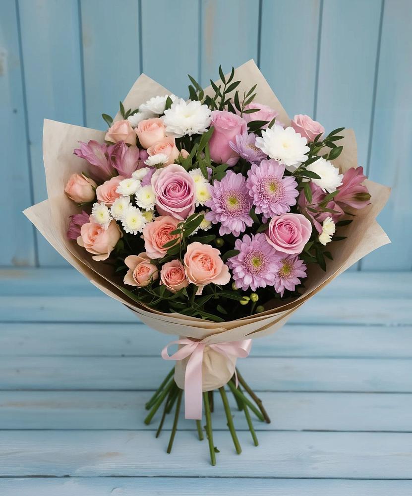 Букет цветов из: Хризантемы, Розы и Альстромерии в Курилловке