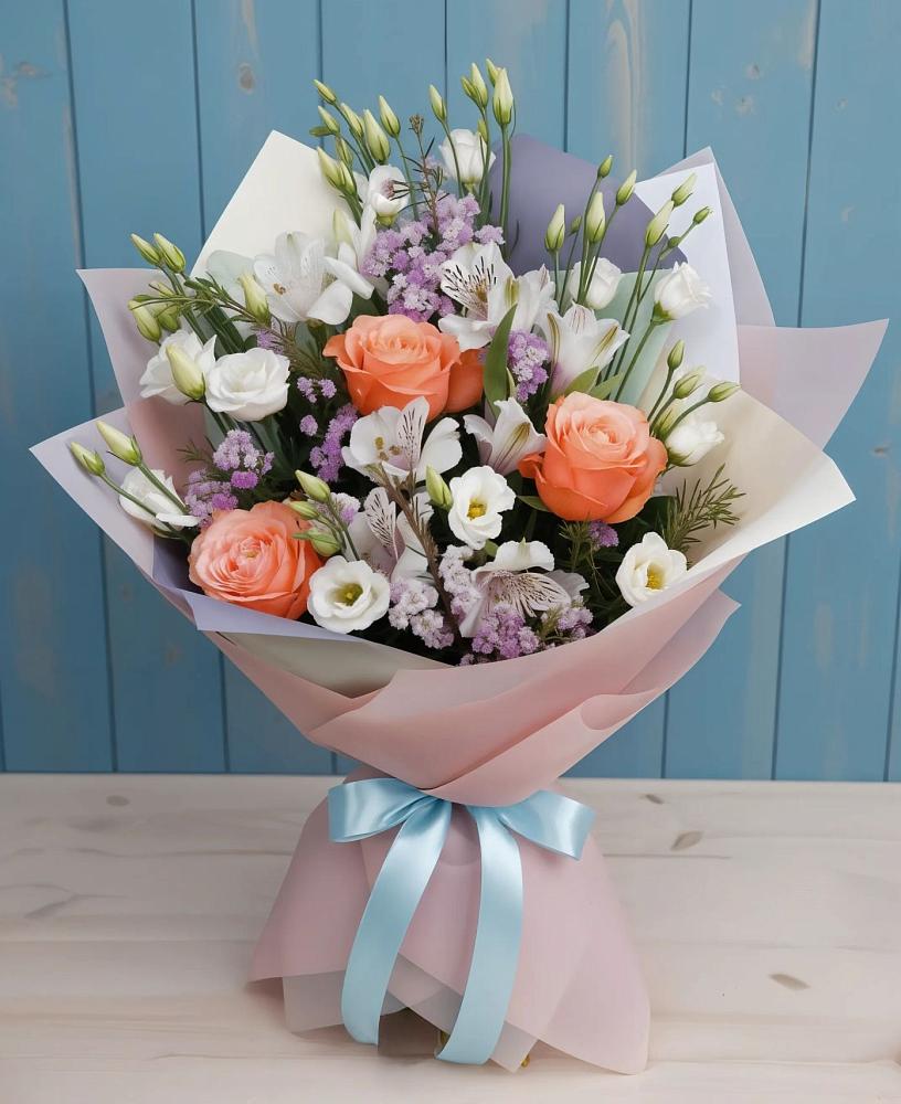 Букет цветов из: Лизиантусы, Розы, Альстромерии и Гипсофила в Курилловке