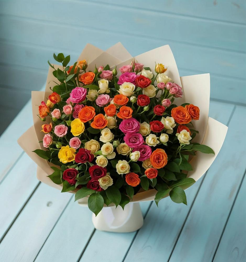 Букет Микс из разноцветных кустовых роз в Курилловке
