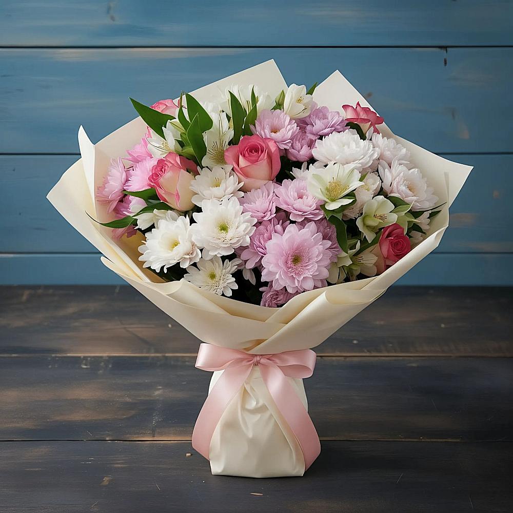 Букет цветов из: Хризантемы, Альстромерии и Розы в Курилловке